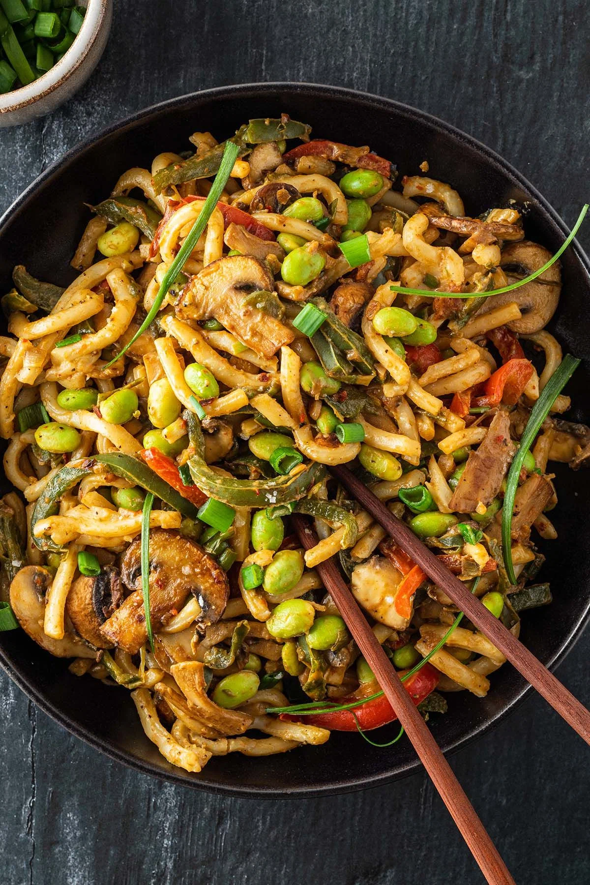 Edamame Stir Fry with Udon Noodles and Peanut Sauce
