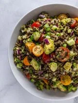 Lentil Salad with Avocado, Cherry Tomato, and Lime Cilantro Vinaigrette