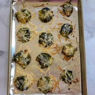 Smashed Brussels Sprouts with Vegan Cheese