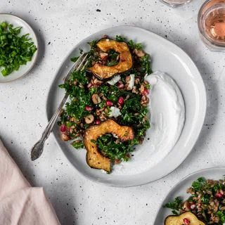 Farro Salad With Acorn Squash, Kale, Pomegranate