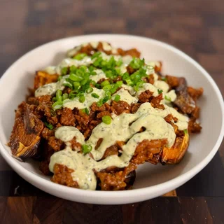 Beef & Sweet Potato Bowls with Garlic Herb Sauce