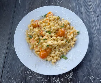 Sungold Tomato Pasta with Roasted Garlic & Burrata