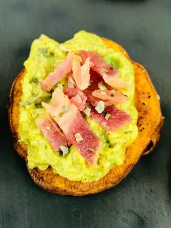 Sweet Potato Appetizer with Bacon and Avocado
