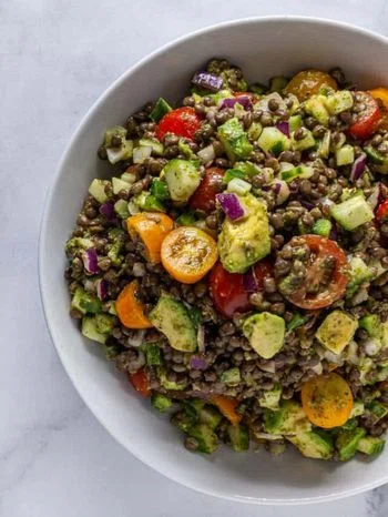 Lentil Salad with Avocado, Cherry Tomato, and Lime Cilantro Vinaigrette