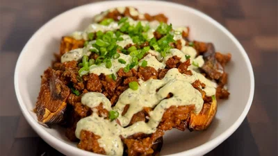 Beef & Sweet Potato Bowls with Garlic Herb Sauce